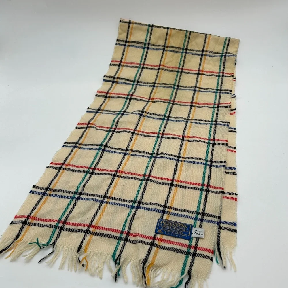 Vintage Pendleton Virgin Wool Scarf Men's Cream Plaid USA Made - One Size